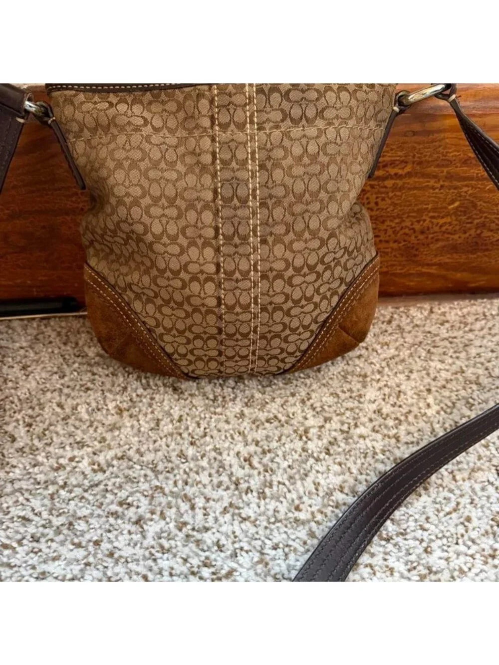 oach Y2K Signature Canvas Suede Trim Crossbody Bag Brown Monogram Shoulder Purse